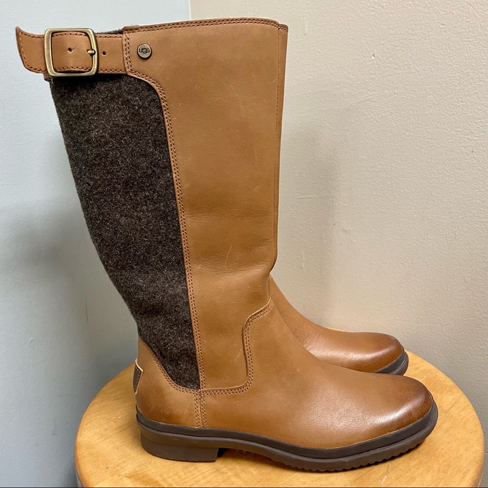 UGG Tall Leather Boots Brown/Gray Zip up Size 6.5